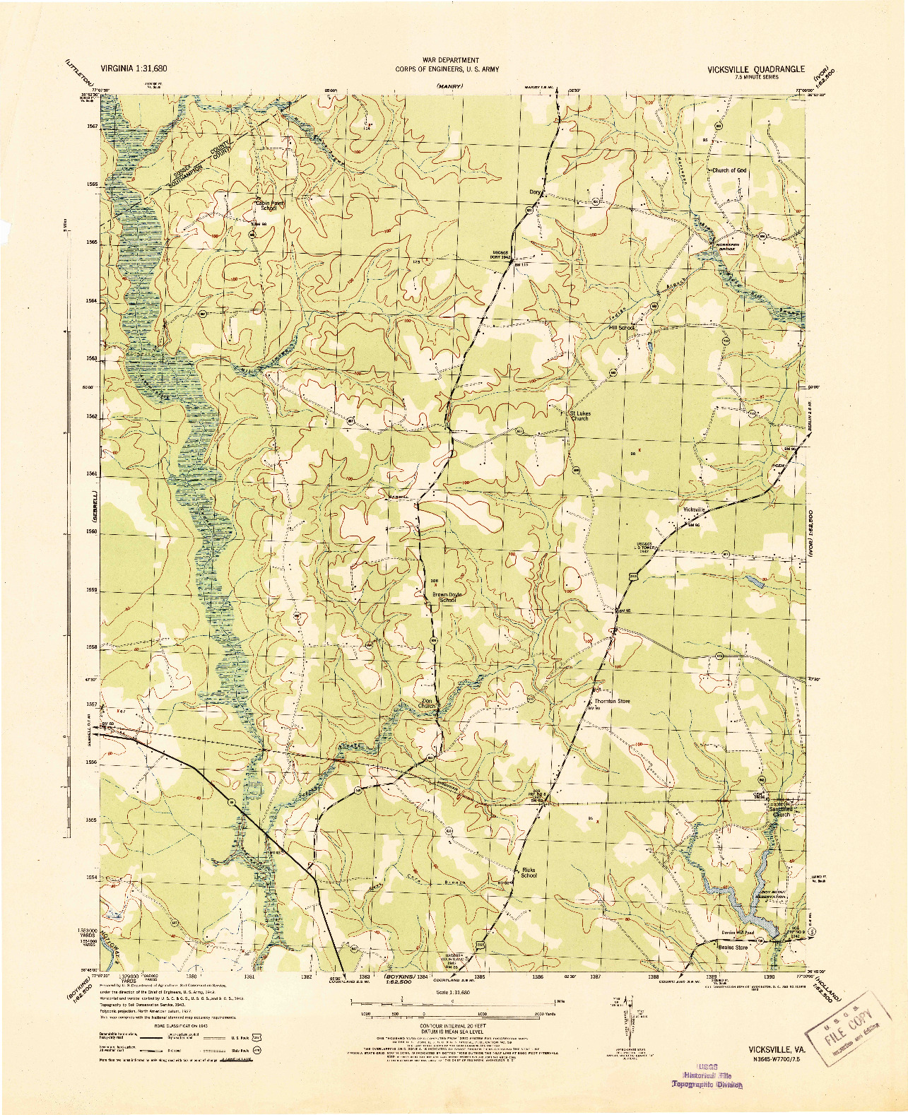 USGS 1:31680-SCALE QUADRANGLE FOR VICKSVILLE, VA 1943