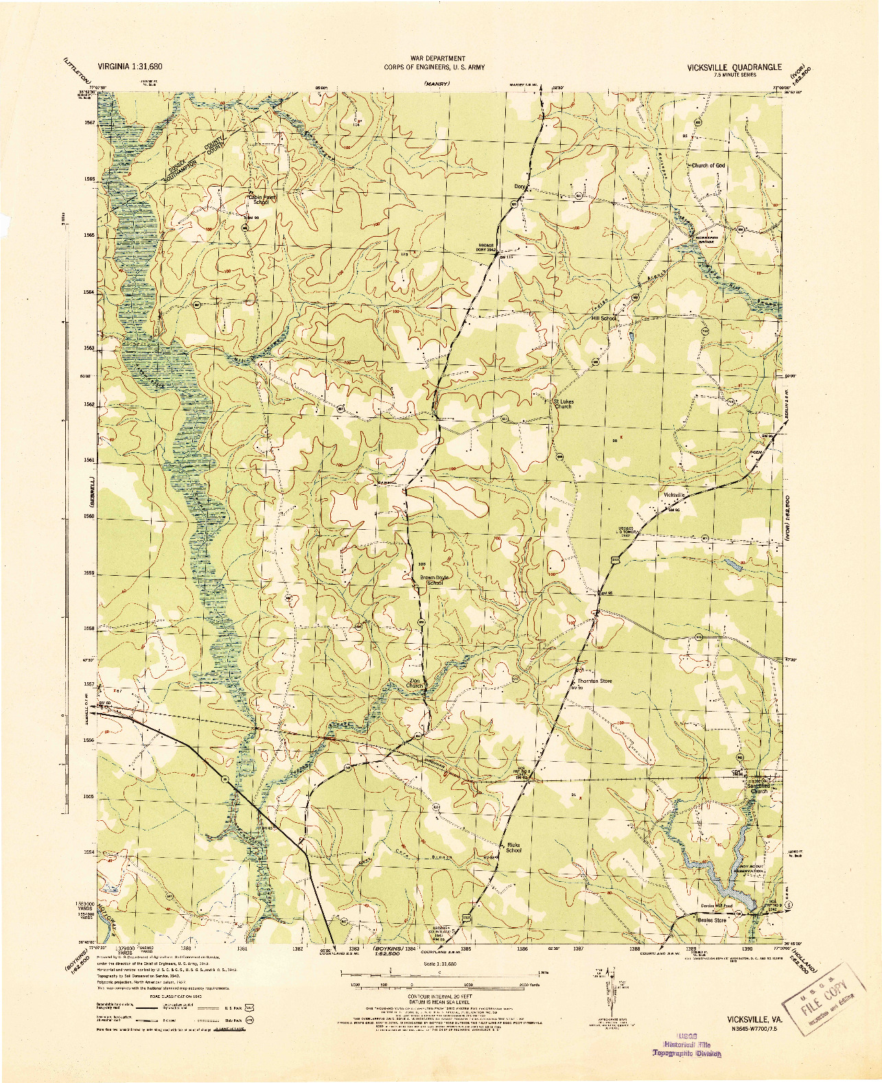 USGS 1:31680-SCALE QUADRANGLE FOR VICKSVILLE, VA 1943
