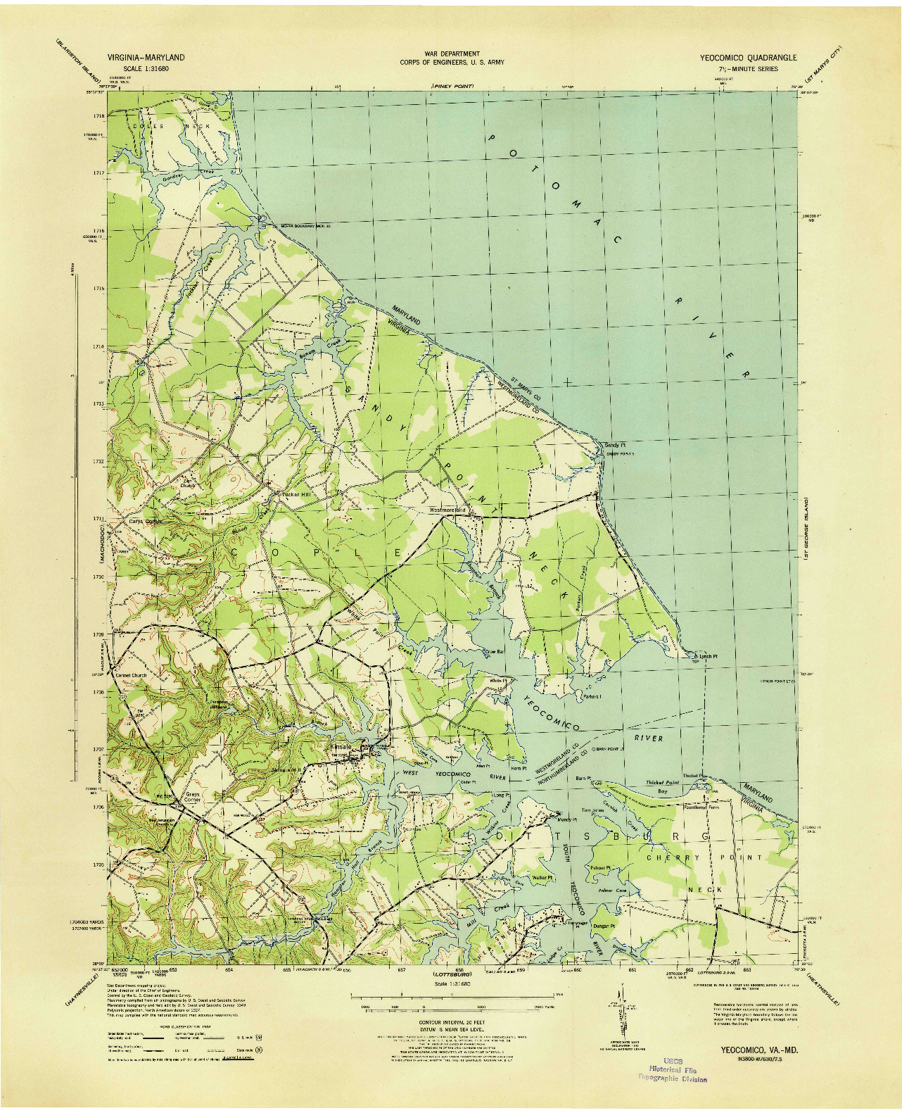 USGS 1:31680-SCALE QUADRANGLE FOR YEOCOMICO, VA 1943