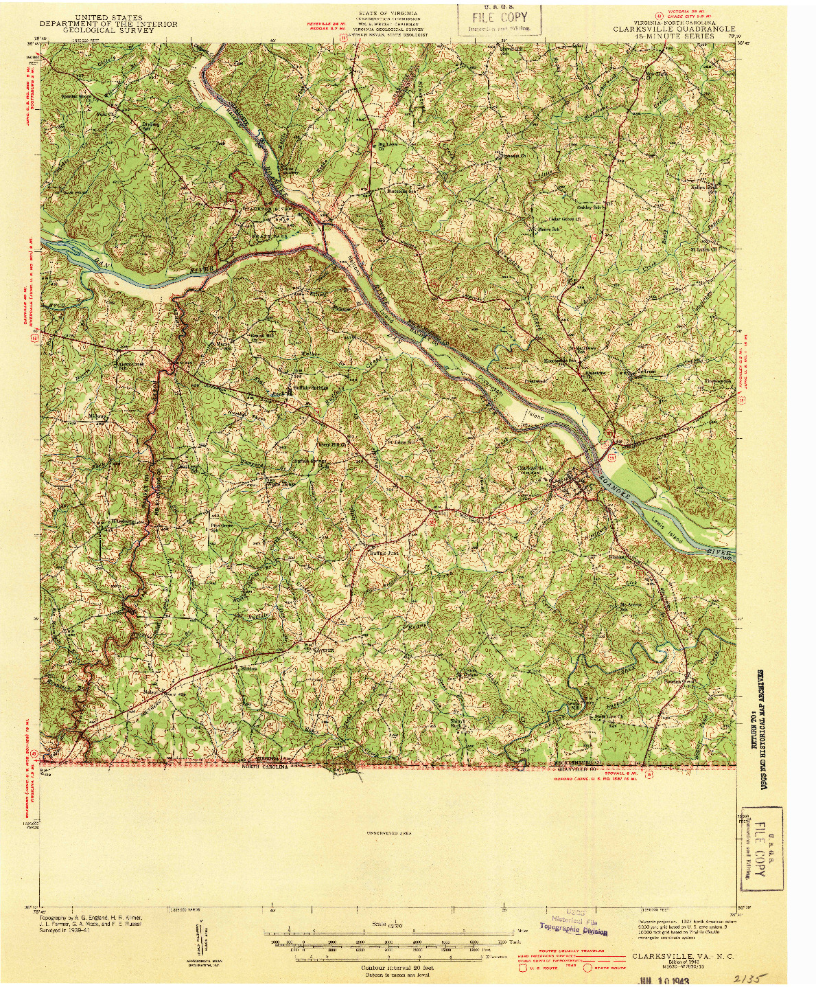 USGS 1:62500-SCALE QUADRANGLE FOR CLARKSVILLE, VA 1943