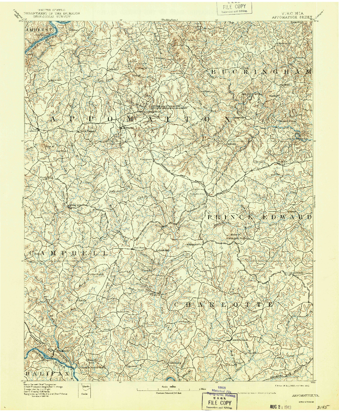 USGS 1:125000-SCALE QUADRANGLE FOR APPOMATTOX, VA 1892