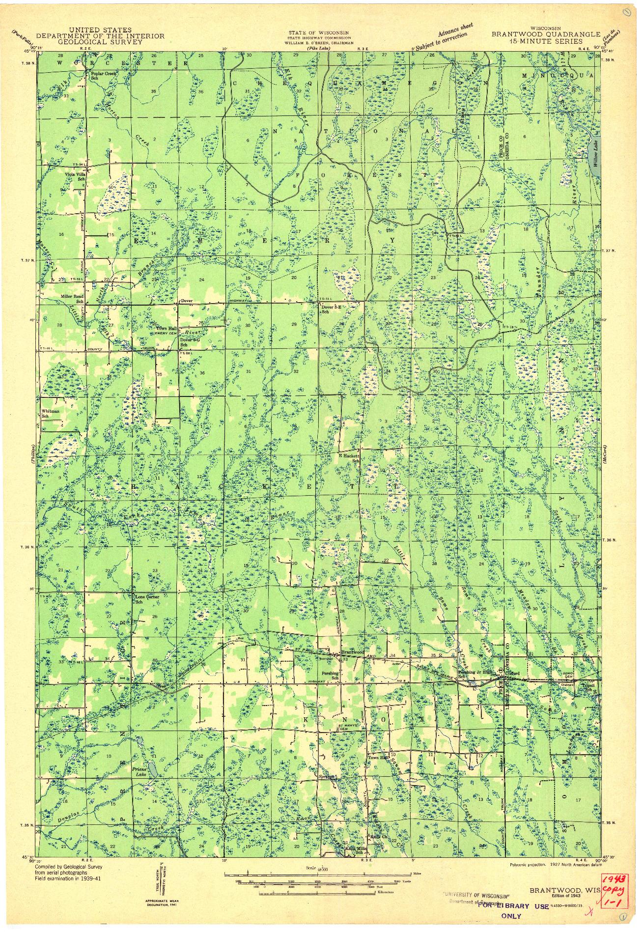 USGS 1:48000-SCALE QUADRANGLE FOR BRANTWOOD, WI 1943