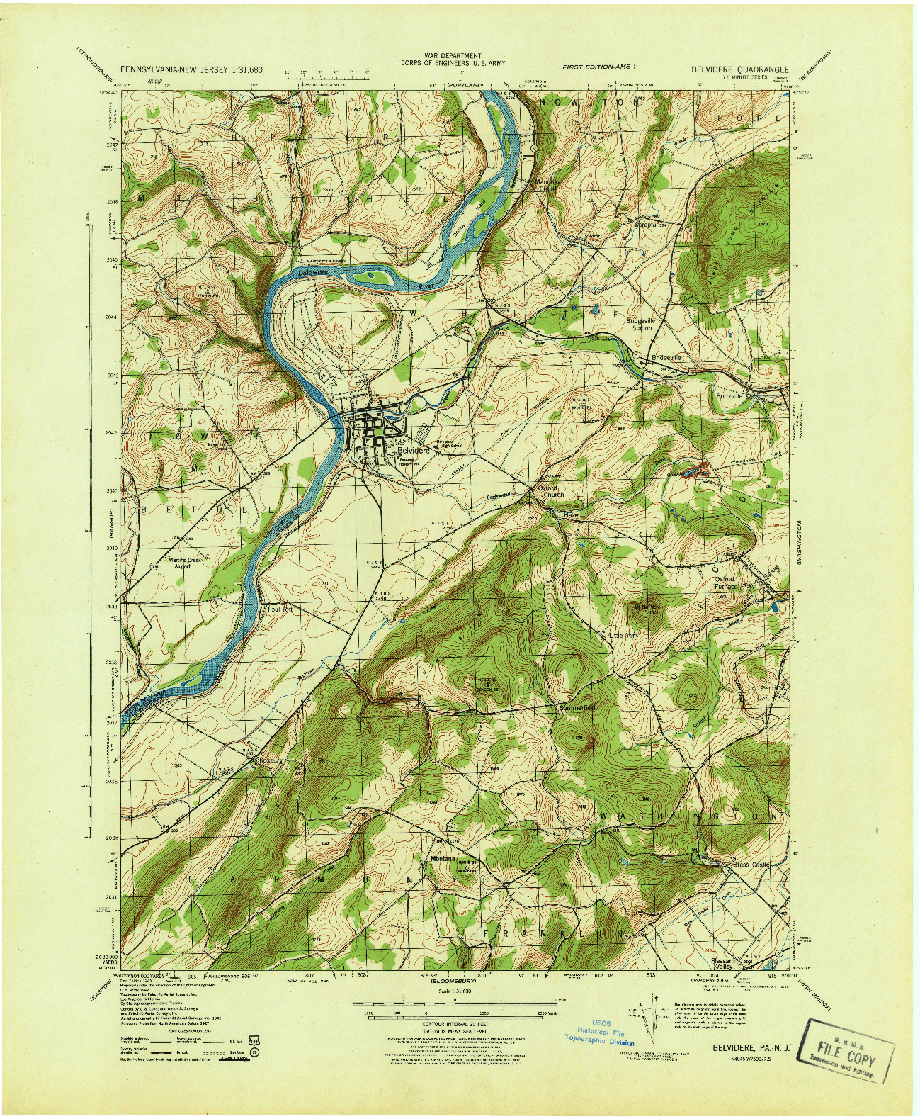 USGS 1:31680-SCALE QUADRANGLE FOR BELVIDERE, PA 1943