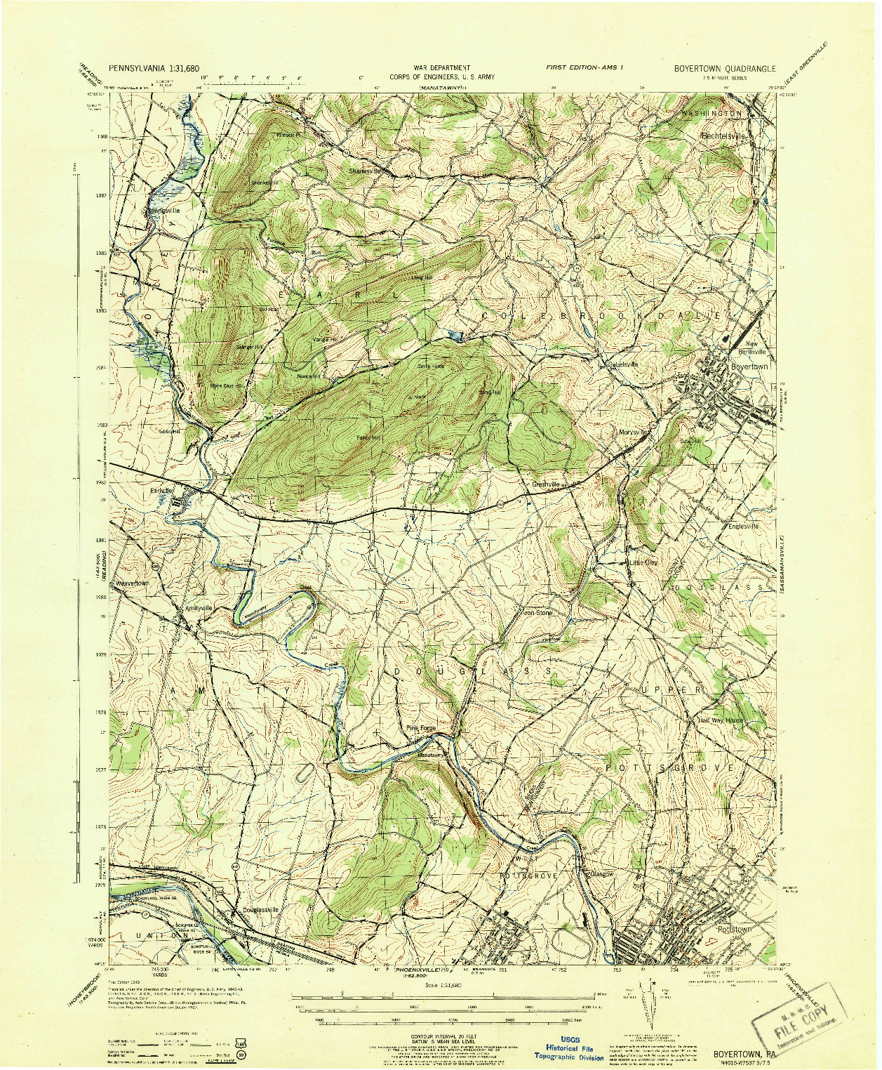 USGS 1:31680-SCALE QUADRANGLE FOR BOYERTOWN, PA 1943