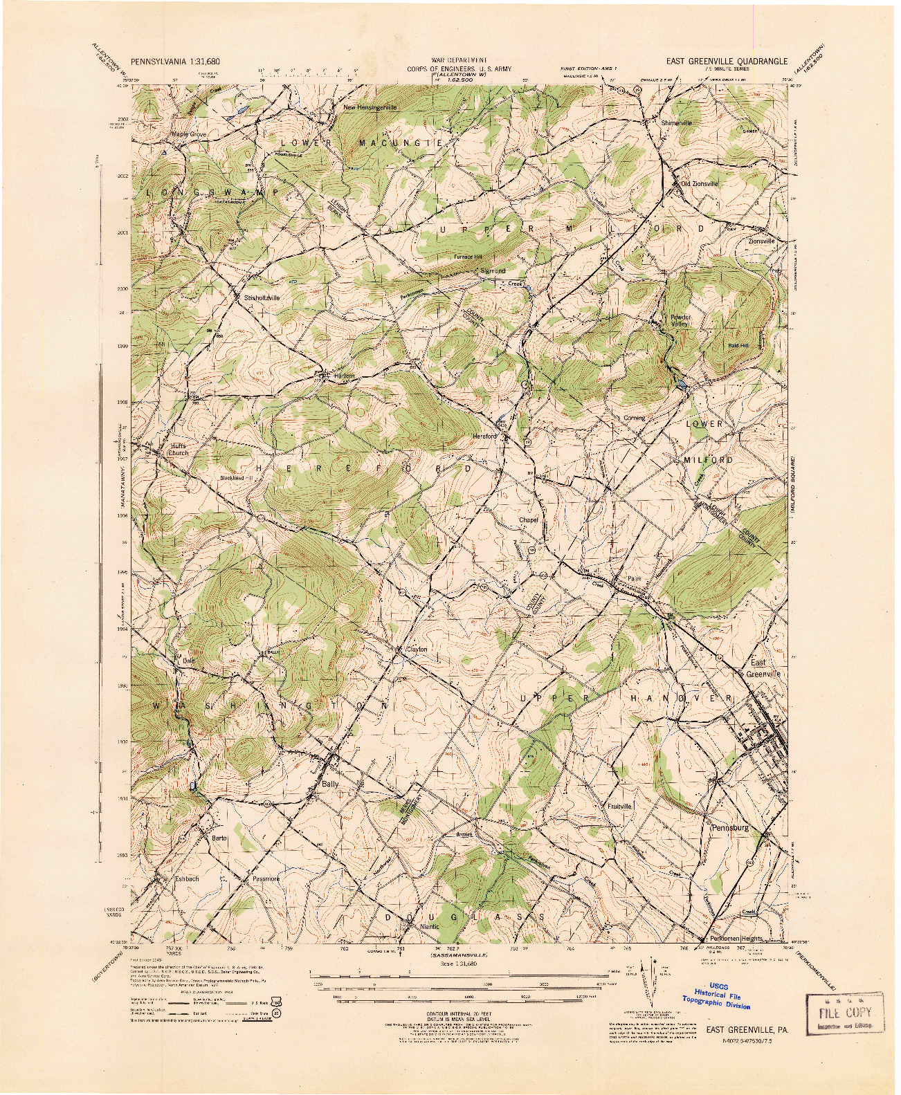 USGS 1:31680-SCALE QUADRANGLE FOR EAST GREENVILLE, PA 1943