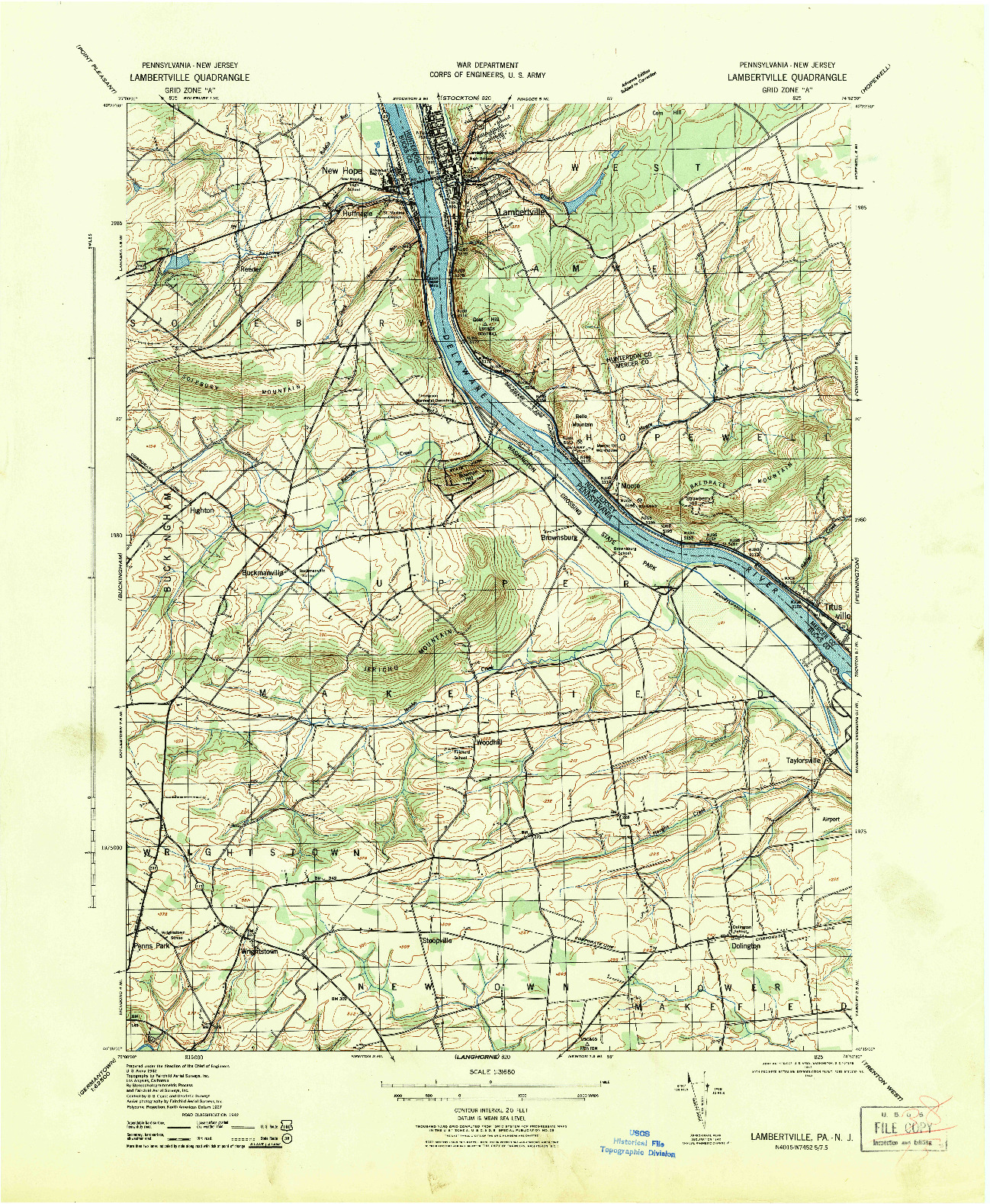 USGS 1:31680-SCALE QUADRANGLE FOR LAMBERTVILLE, PA 1943