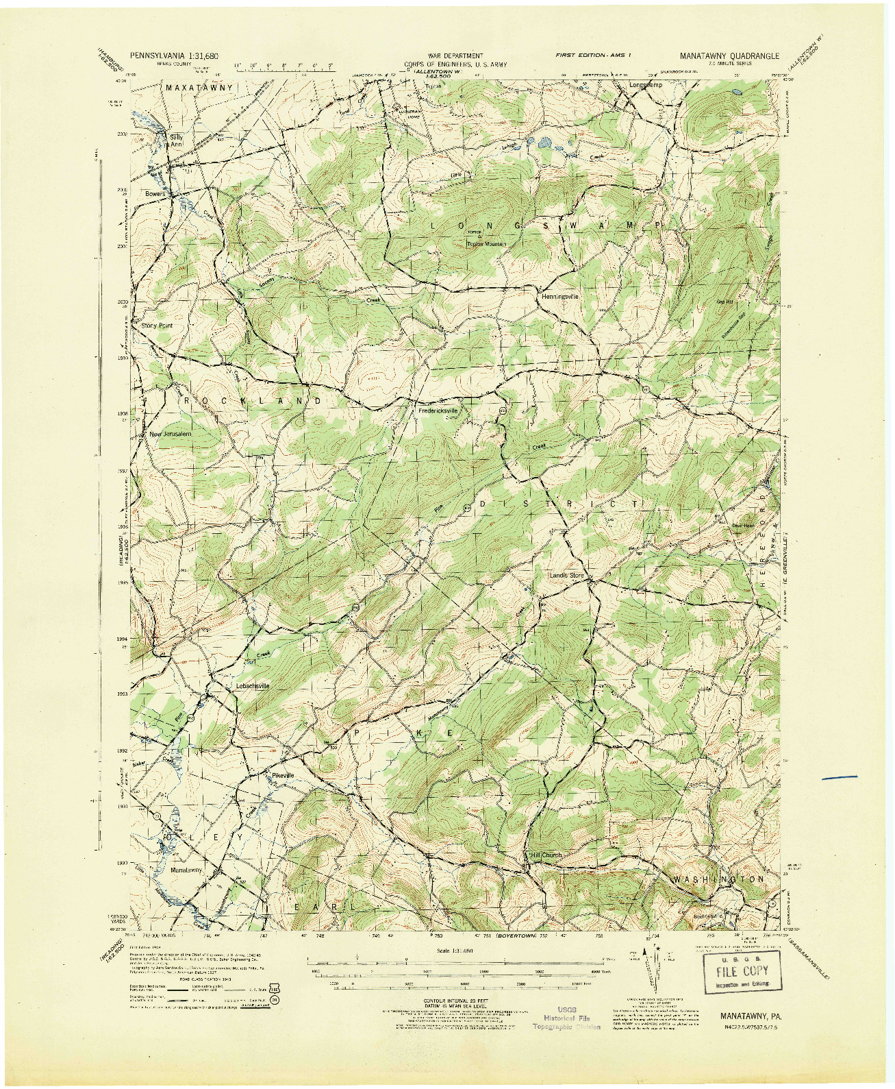 USGS 1:31680-SCALE QUADRANGLE FOR MANATAWNY, PA 1943