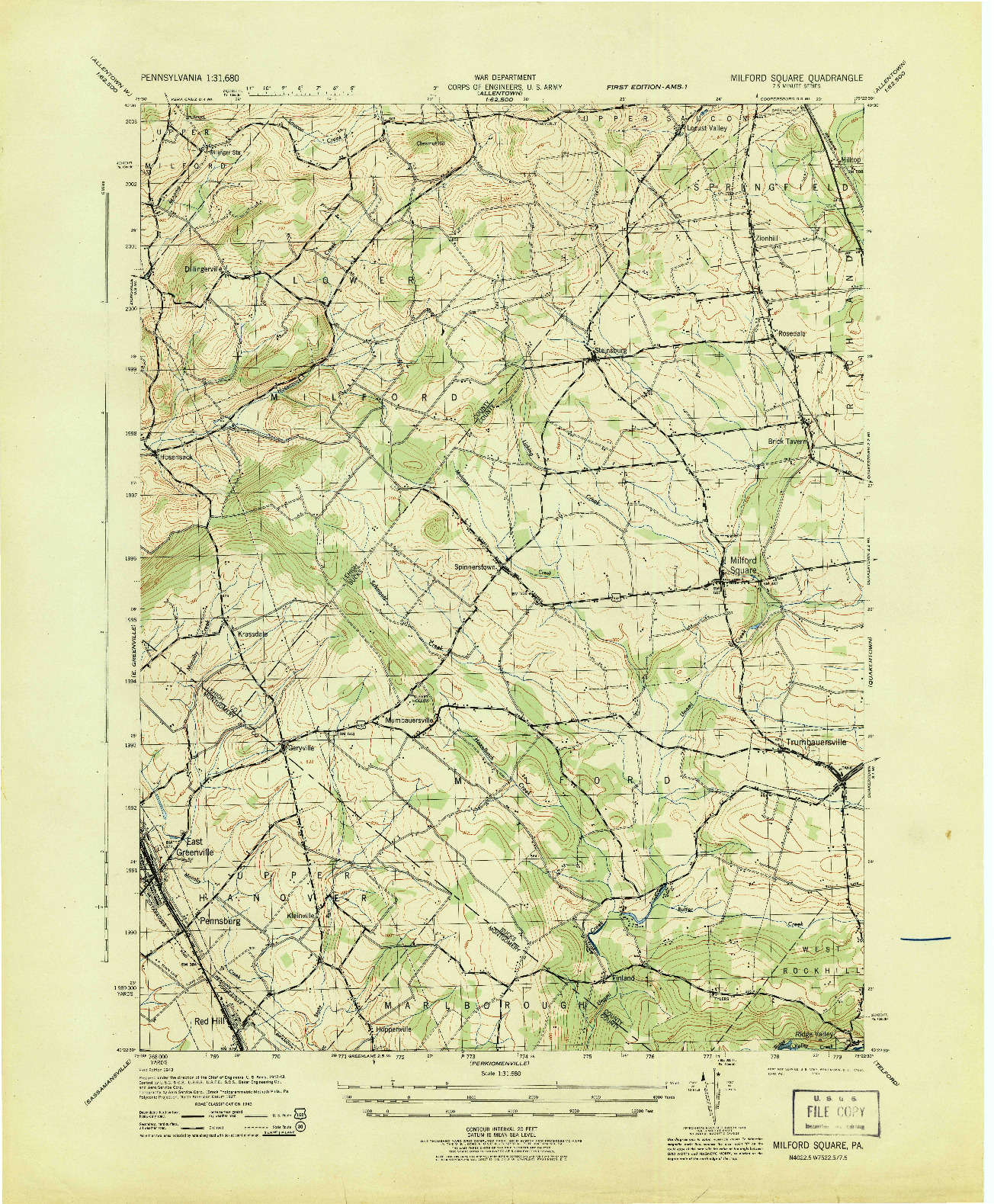 USGS 1:31680-SCALE QUADRANGLE FOR MILFORD SQUARE, PA 1943