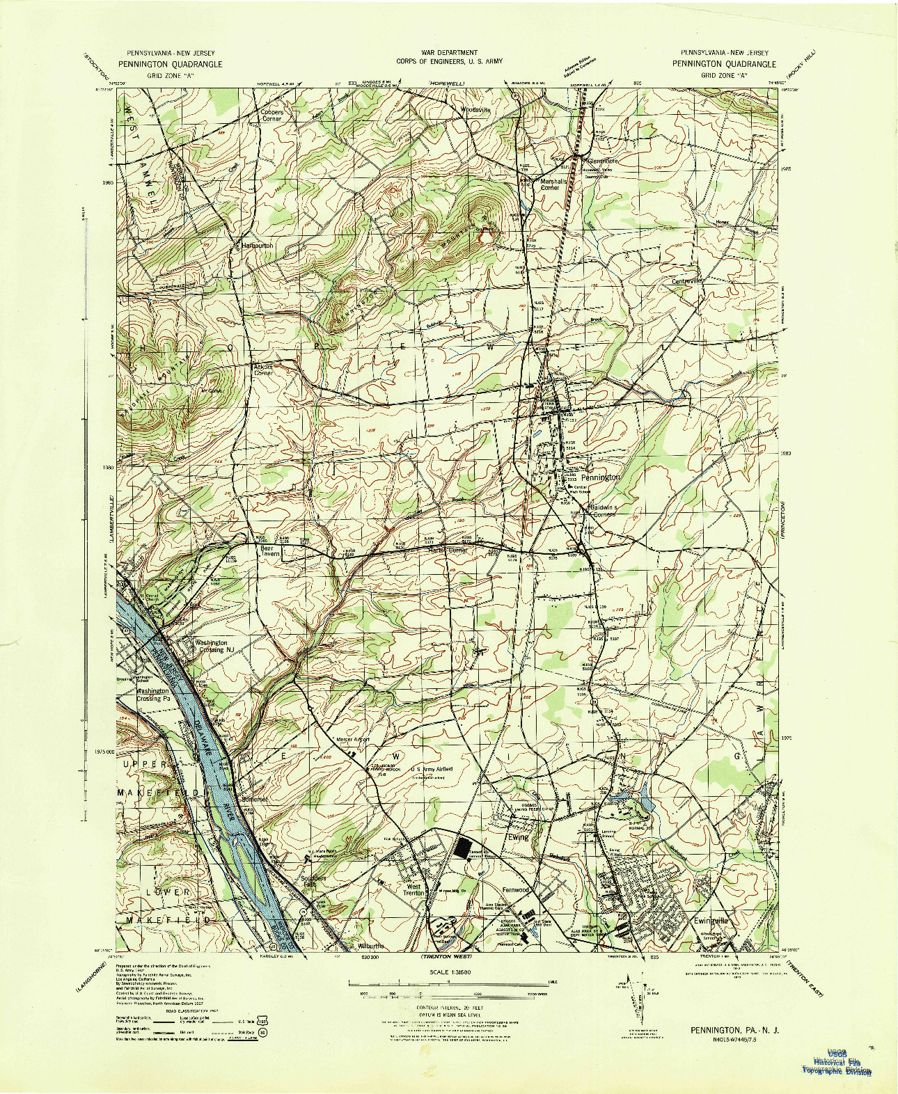 USGS 1:31680-SCALE QUADRANGLE FOR PENNINGTON, PA 1943