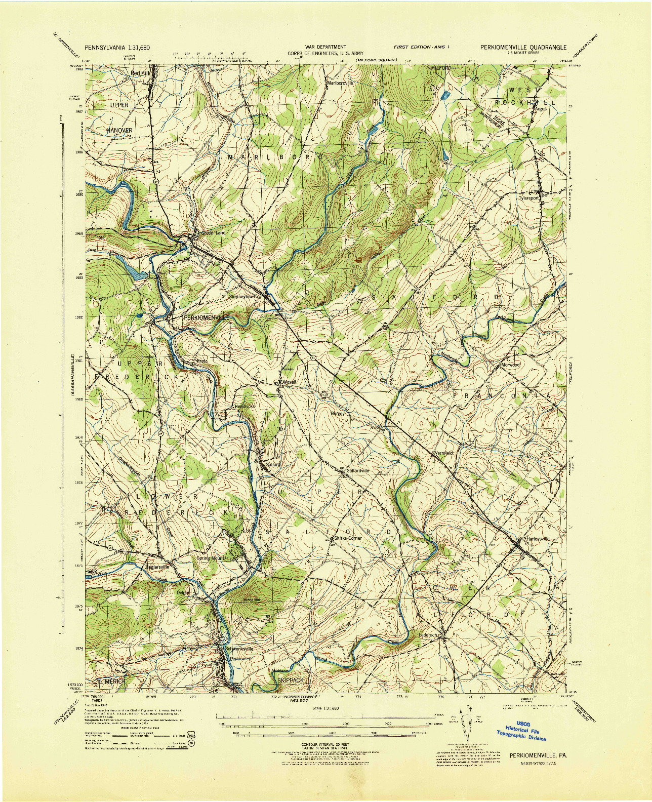 USGS 1:31680-SCALE QUADRANGLE FOR PERKIOMENVILLE, PA 1943