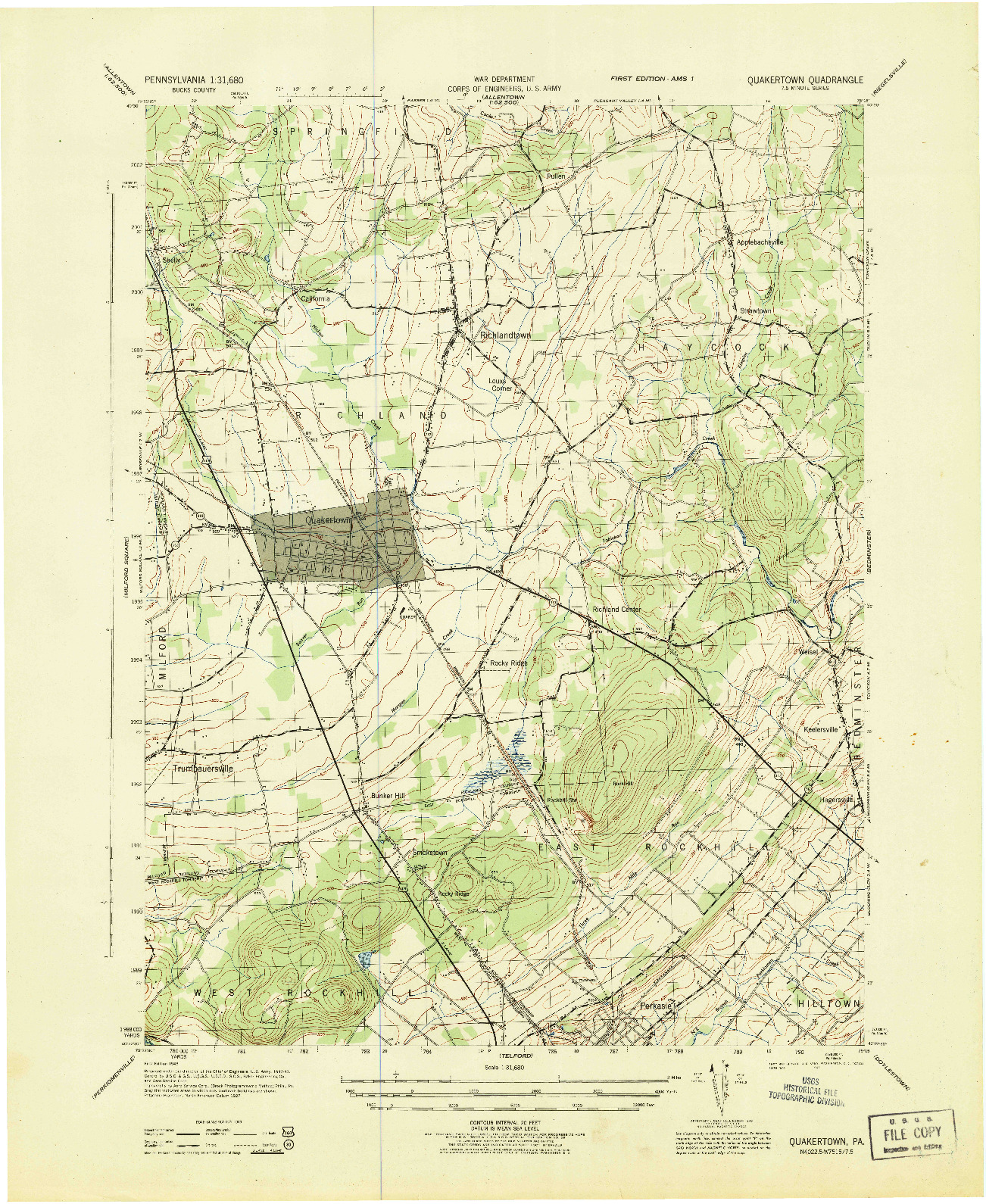 USGS 1:31680-SCALE QUADRANGLE FOR QUAKERTOWN, PA 1943