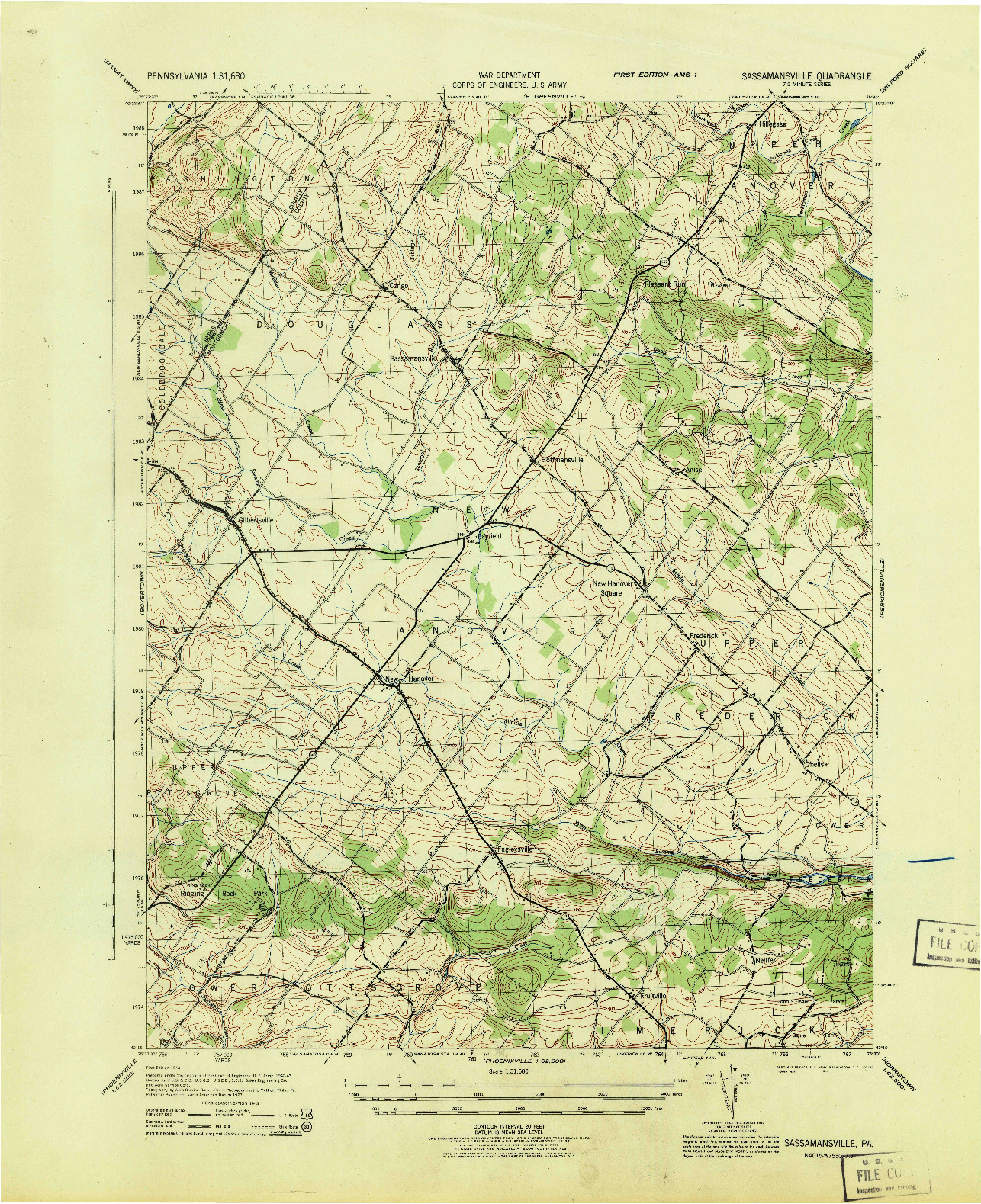 USGS 1:31680-SCALE QUADRANGLE FOR SASSAMANSVILLE, PA 1943