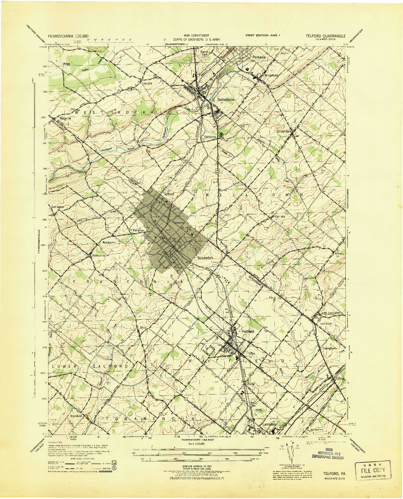 USGS 1:31680-SCALE QUADRANGLE FOR TELFORD, PA 1943