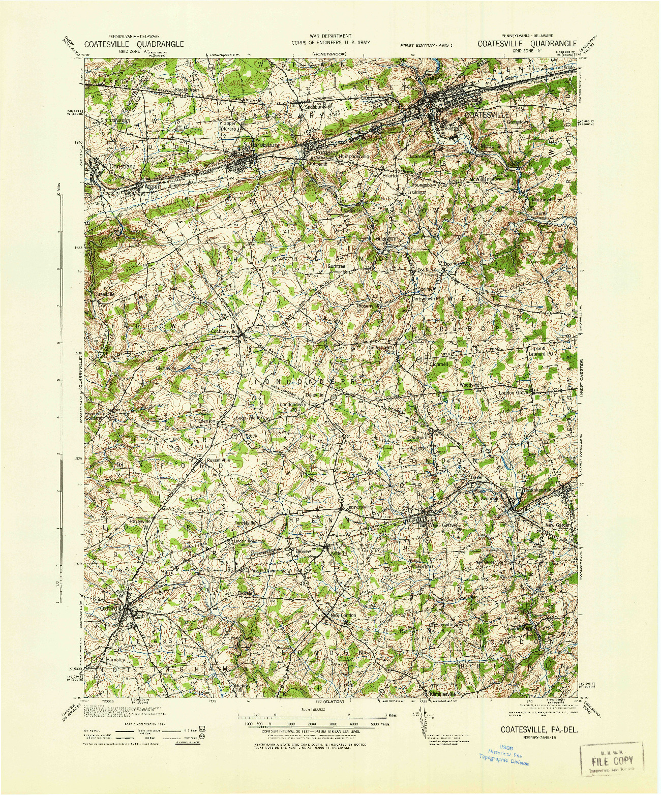 USGS 1:62500-SCALE QUADRANGLE FOR COATESVILLE, PA 1943