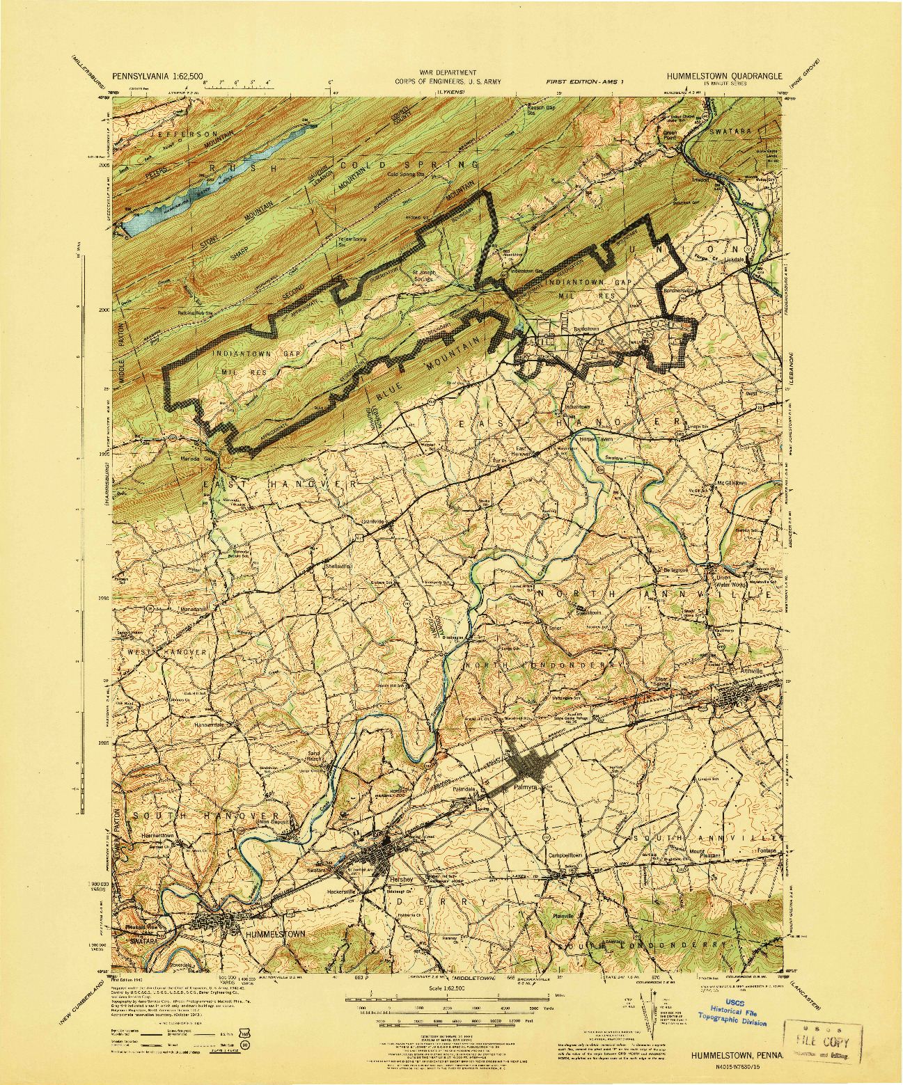 USGS 1:62500-SCALE QUADRANGLE FOR HUMMELSTOWN, PA 1943