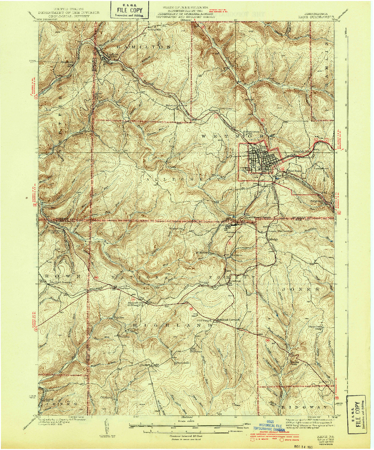 USGS 1:62500-SCALE QUADRANGLE FOR KANE, PA 1939