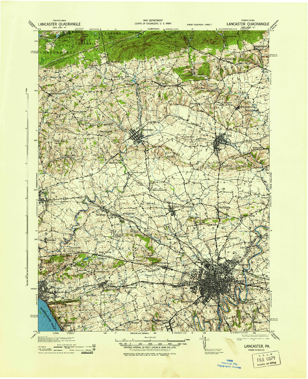 USGS 1:62500-SCALE QUADRANGLE FOR LANCASTER, PA 1943