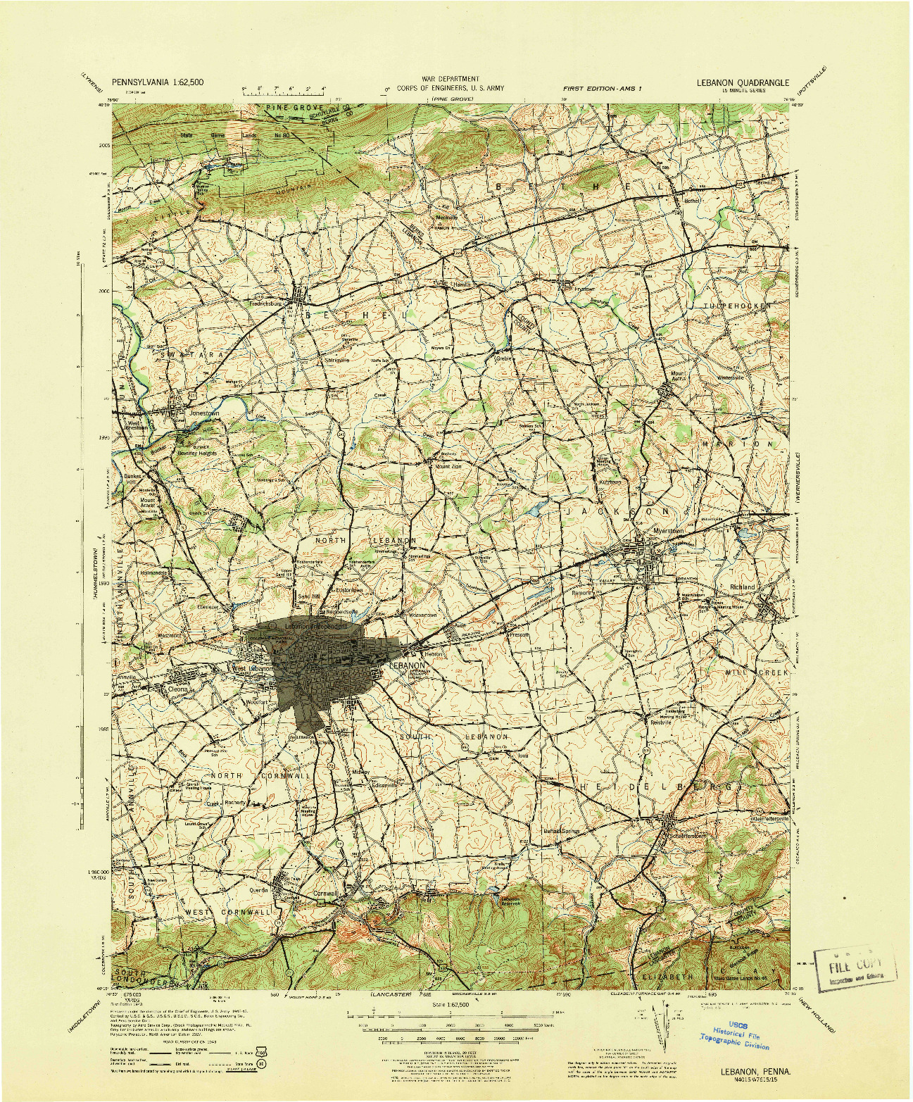 USGS 1:62500-SCALE QUADRANGLE FOR LEBANON, PA 1943