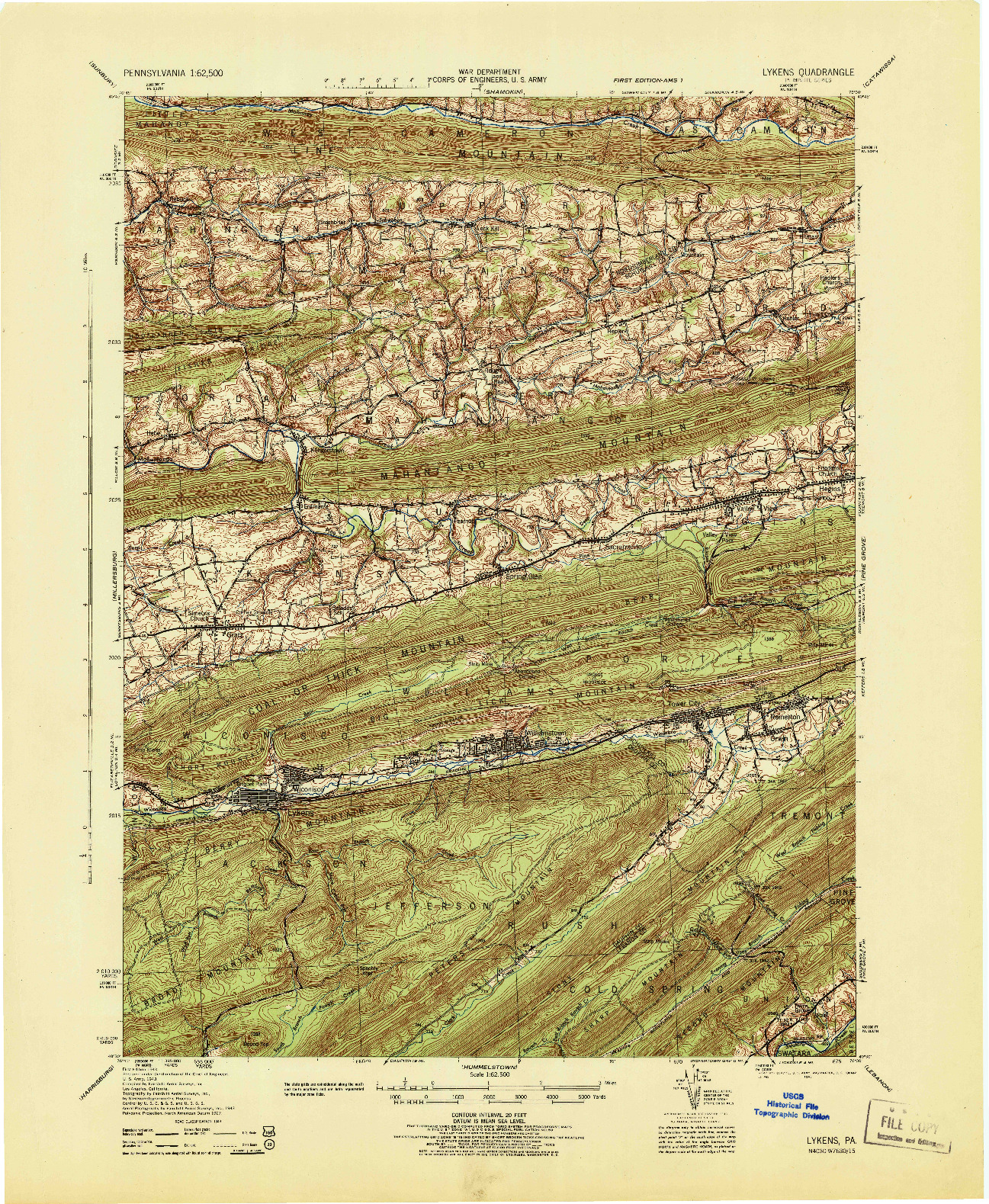 USGS 1:62500-SCALE QUADRANGLE FOR LYKENS, PA 1943