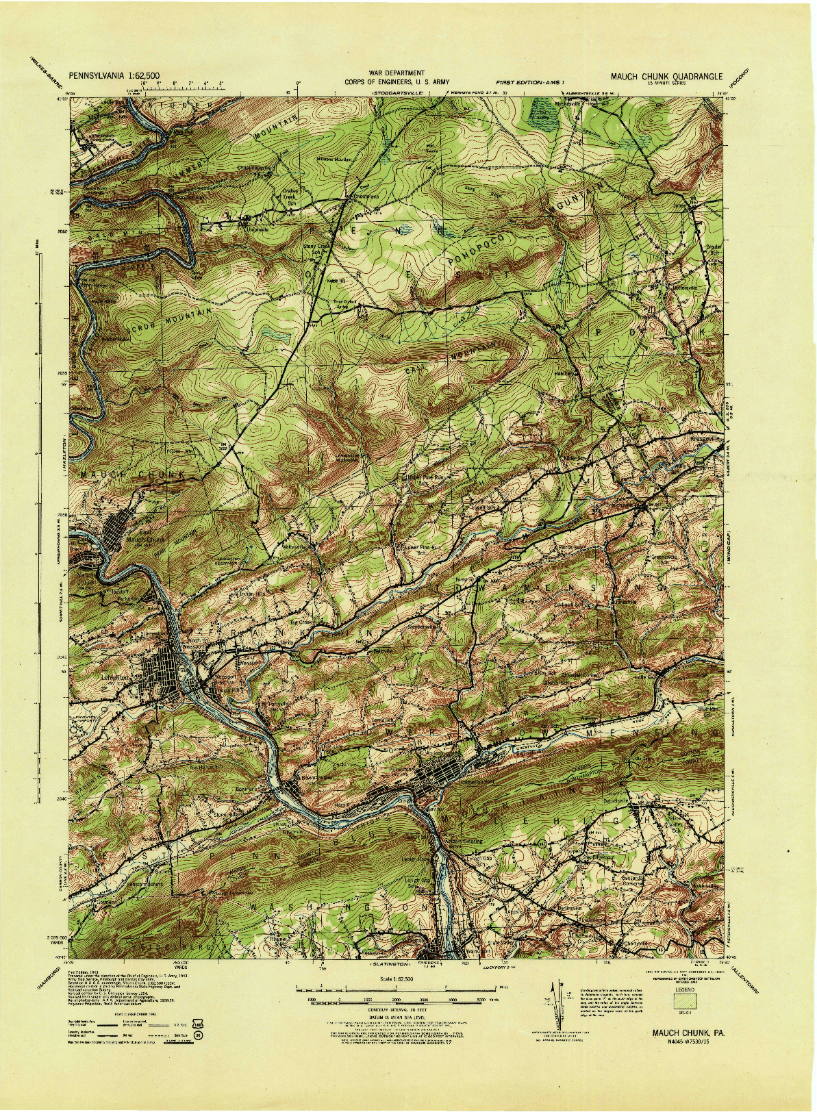 USGS 1:62500-SCALE QUADRANGLE FOR MAUCH CHUNK, PA 1943