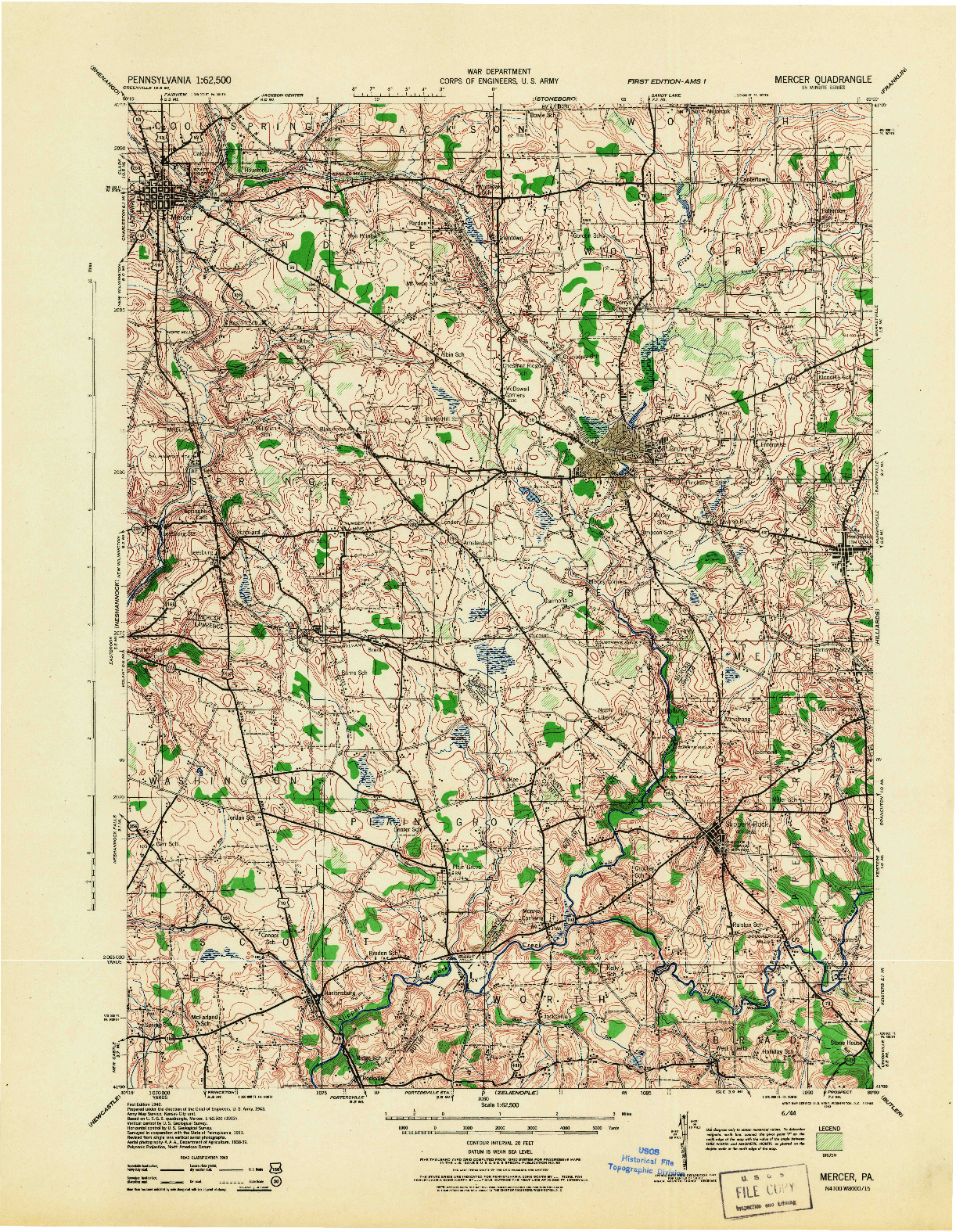 USGS 1:62500-SCALE QUADRANGLE FOR MERCER, PA 1943