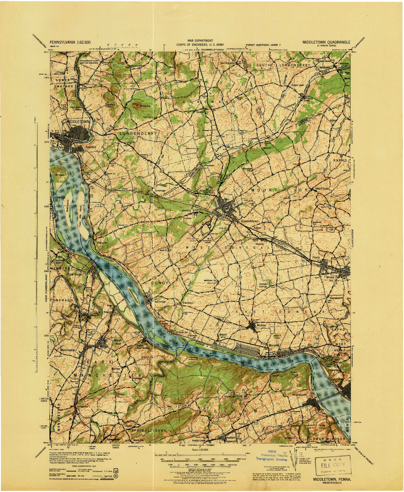 USGS 1:62500-SCALE QUADRANGLE FOR MIDDLETOWN, PA 1943