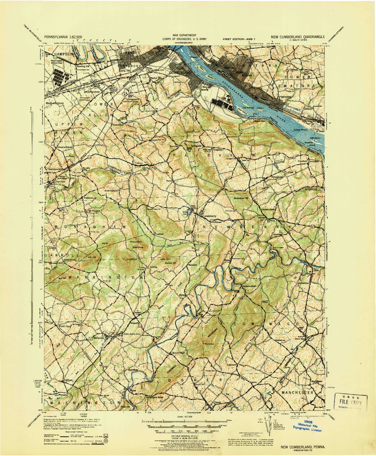 USGS 1:62500-SCALE QUADRANGLE FOR NEW CUMBERLAND, PA 1943