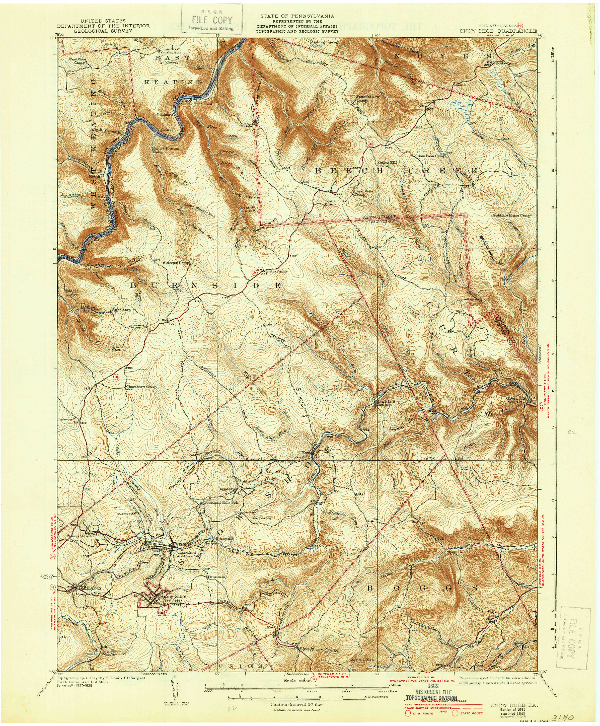 USGS 1:62500-SCALE QUADRANGLE FOR SNOW SHOE, PA 1931
