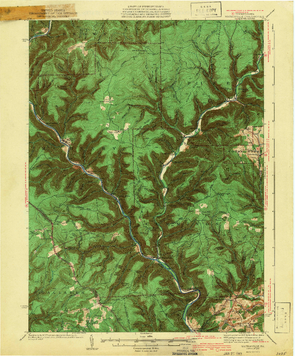 USGS 1:62500-SCALE QUADRANGLE FOR WATERVILLE, PA 1943