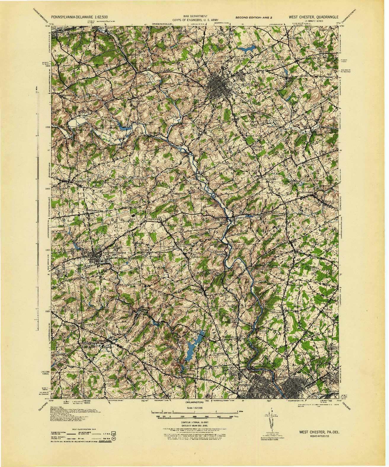 USGS 1:62500-SCALE QUADRANGLE FOR WEST CHESTER, PA 1943