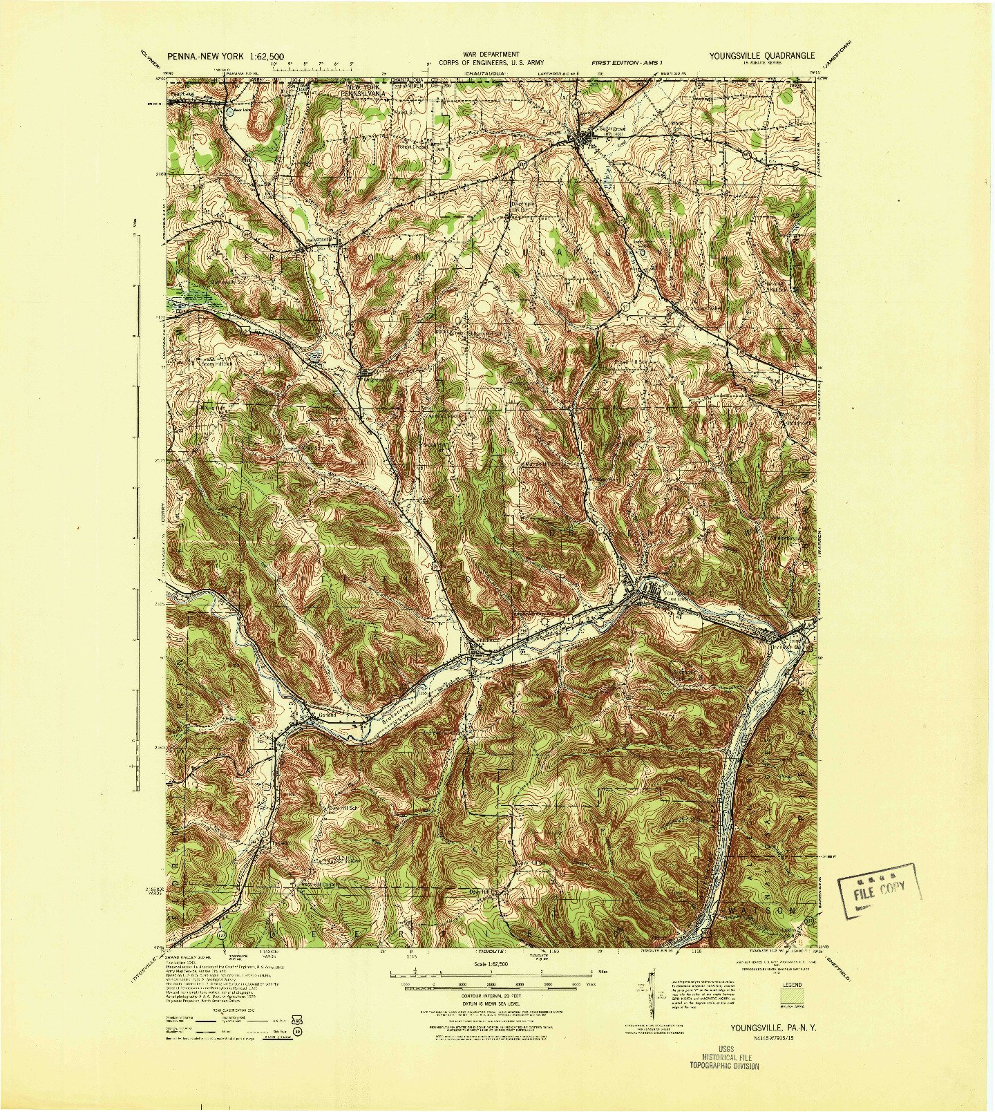 USGS 1:62500-SCALE QUADRANGLE FOR YOUNGSVILLE, PA 1943