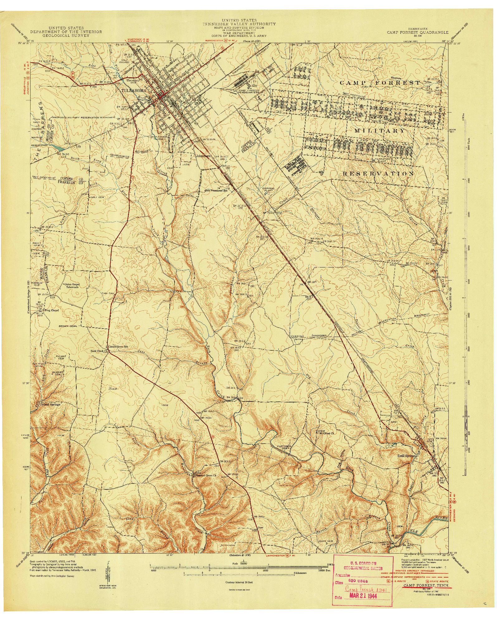 USGS 1:24000-SCALE QUADRANGLE FOR CAMP FORREST, TN 1941