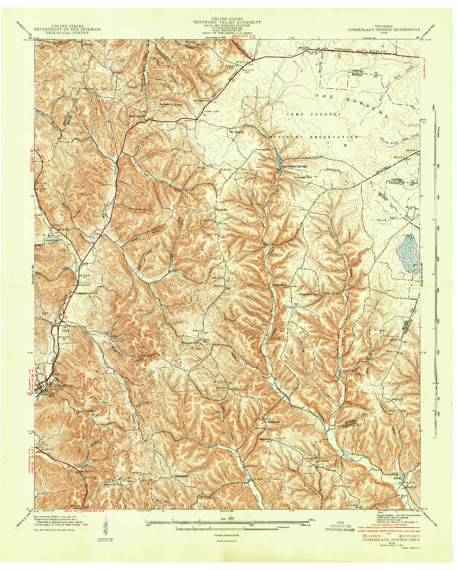 USGS 1:24000-SCALE QUADRANGLE FOR CUMBERLAND SPRINGS, TN 1941