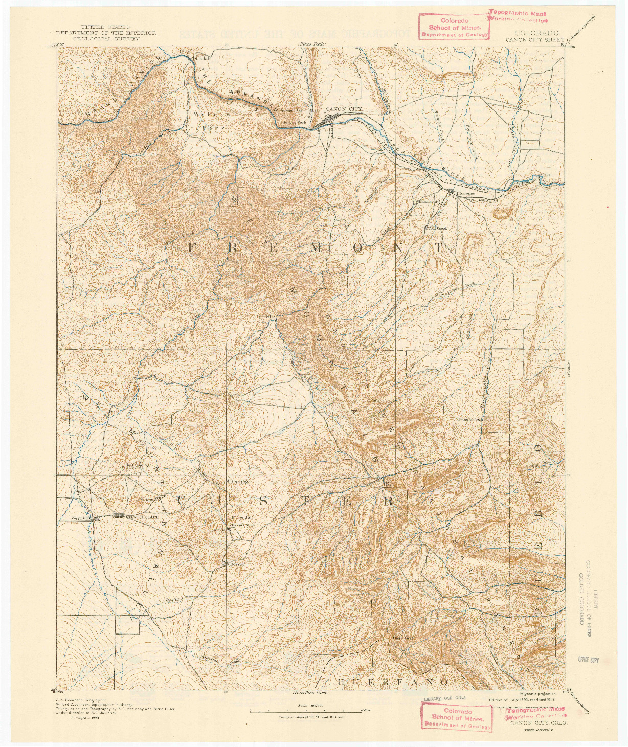 USGS 1:125000-SCALE QUADRANGLE FOR CANON CITY, CO 1892