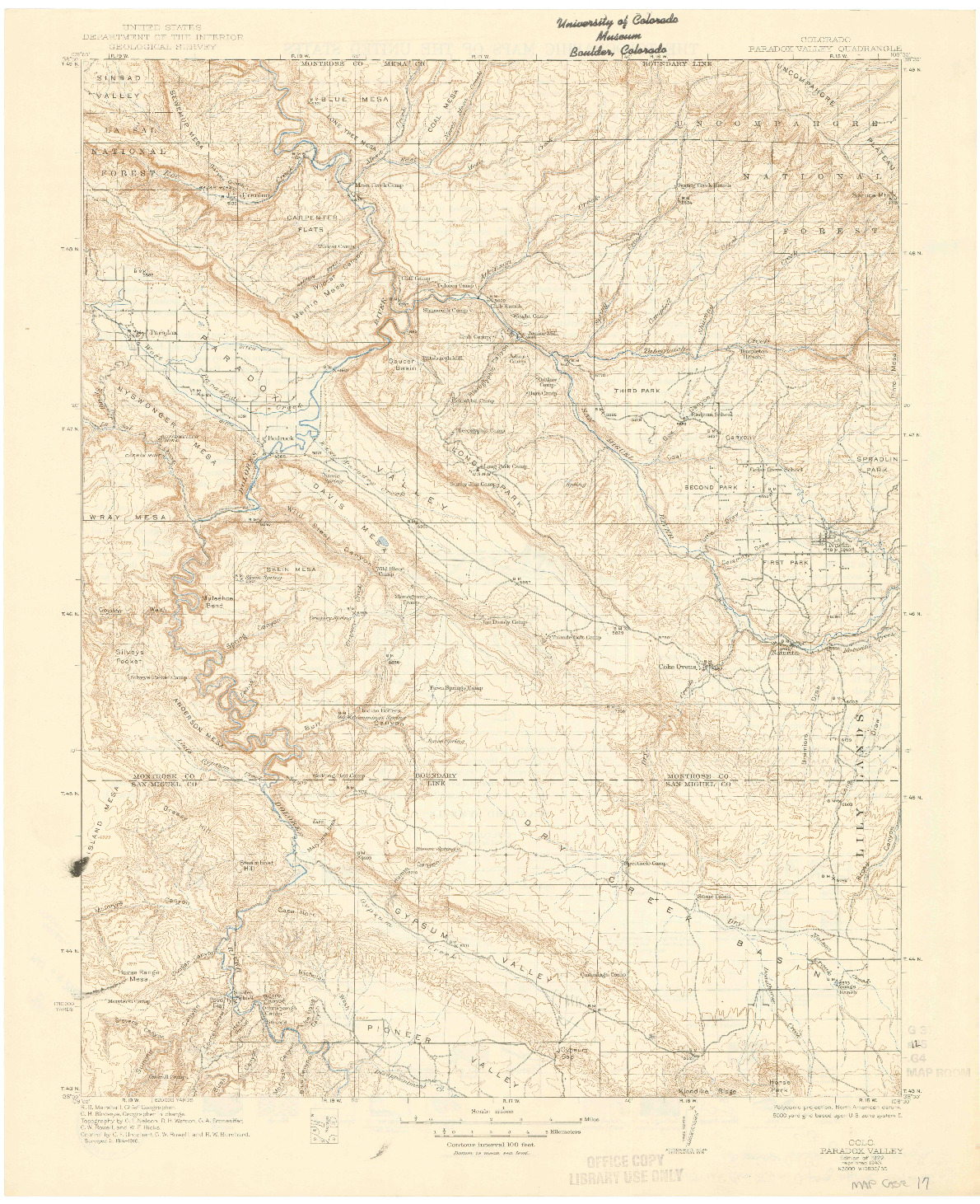 USGS 1:125000-SCALE QUADRANGLE FOR PARADOX VALLEY, CO 1922
