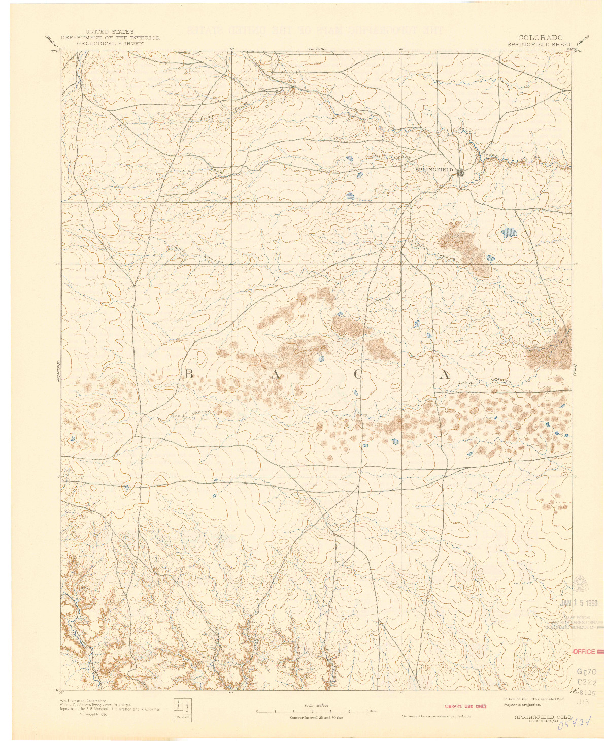 USGS 1:125000-SCALE QUADRANGLE FOR SPRINGFIELD, CO 1893