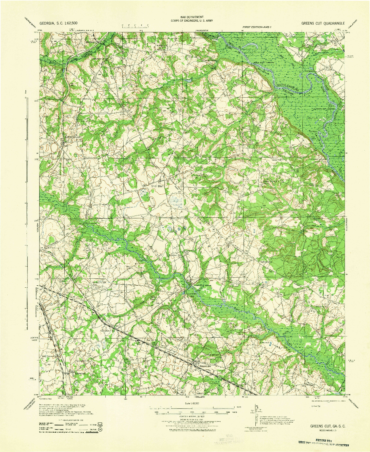 USGS 1:62500-SCALE QUADRANGLE FOR GREENS CUT, GA 1943
