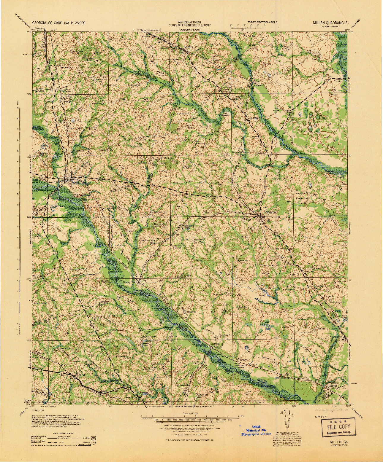 USGS 1:125000-SCALE QUADRANGLE FOR MILLEN, GA 1943