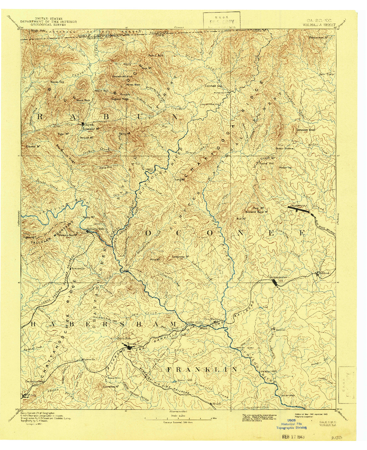 USGS 1:125000-SCALE QUADRANGLE FOR WALHALLA, GA 1892