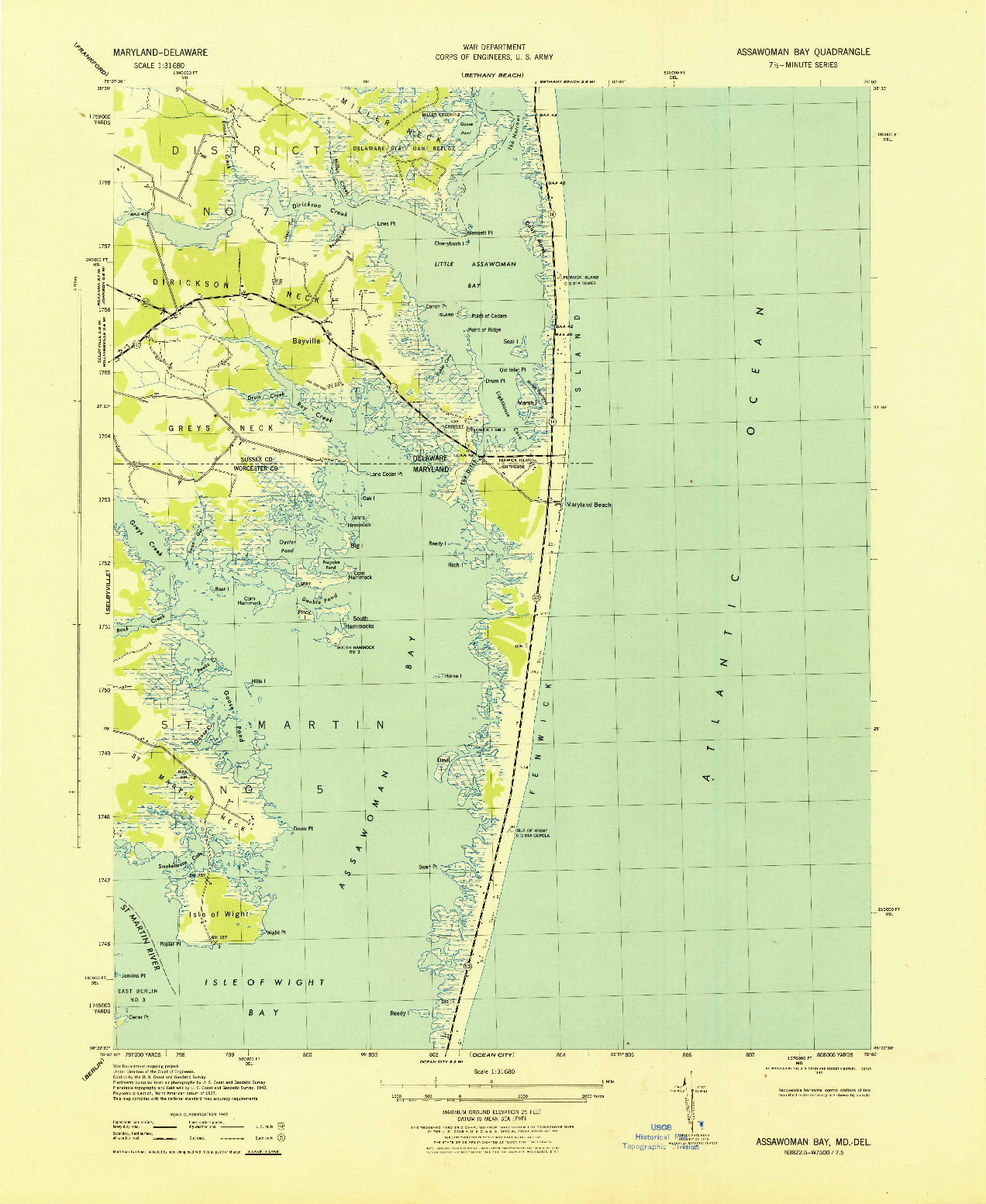 USGS 1:31680-SCALE QUADRANGLE FOR ASSAWOMAN BAY, MD 1943