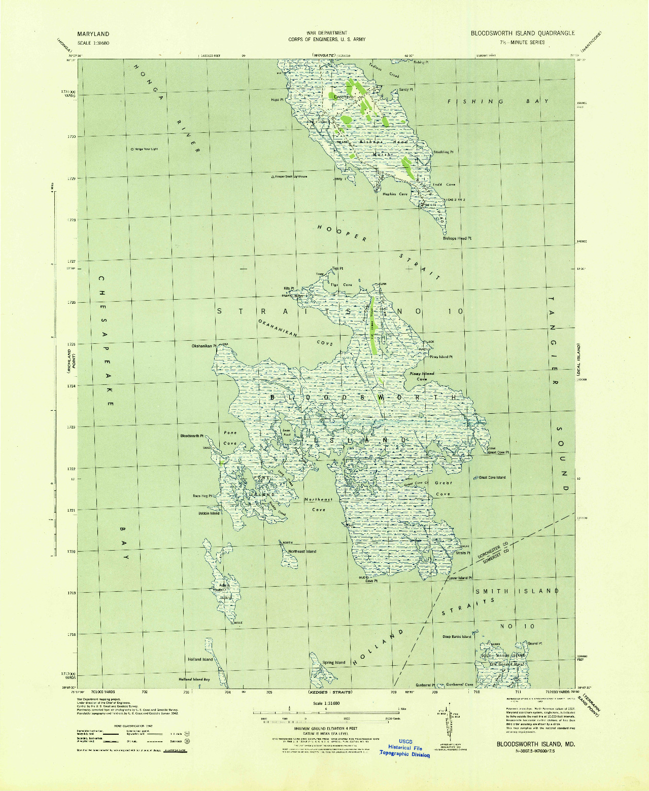 USGS 1:31680-SCALE QUADRANGLE FOR BLOODSWORTH ISLAND, MD 1943