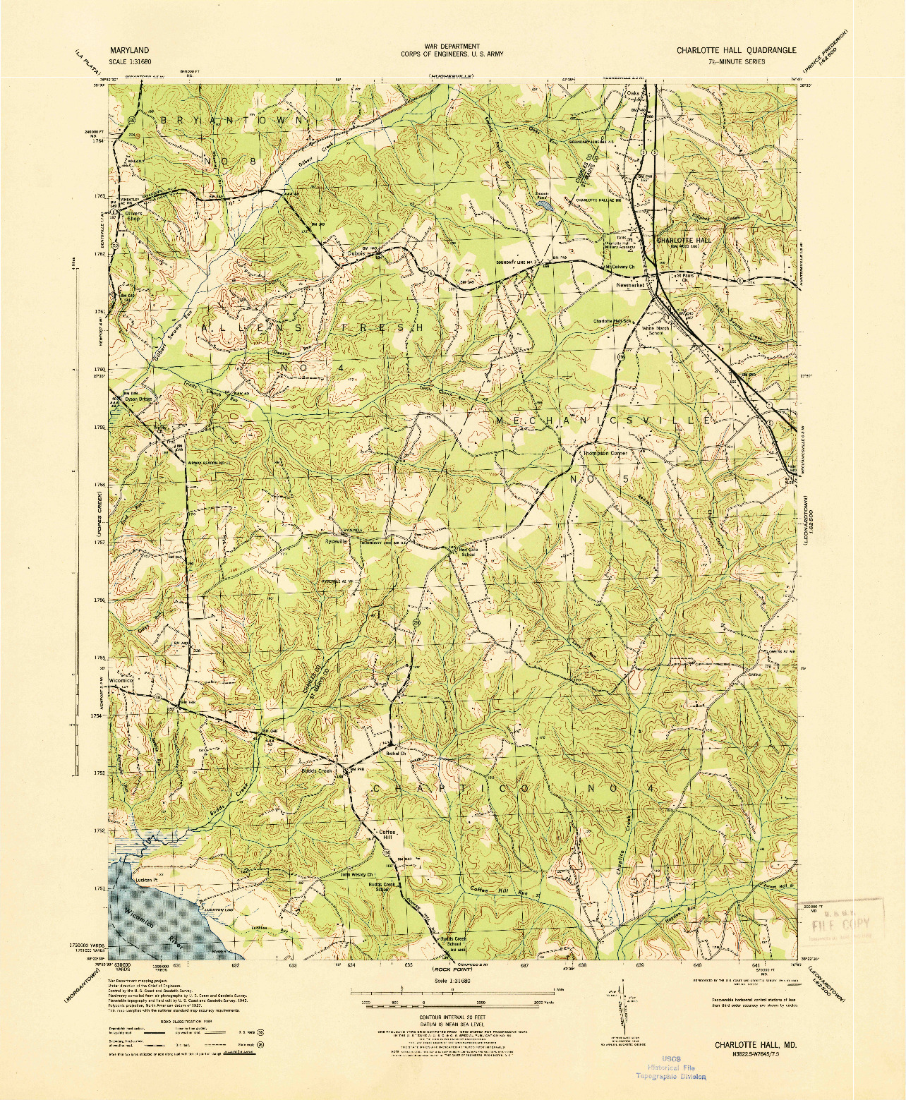 USGS 1:31680-SCALE QUADRANGLE FOR CHARLOTTE HALL, MD 1943