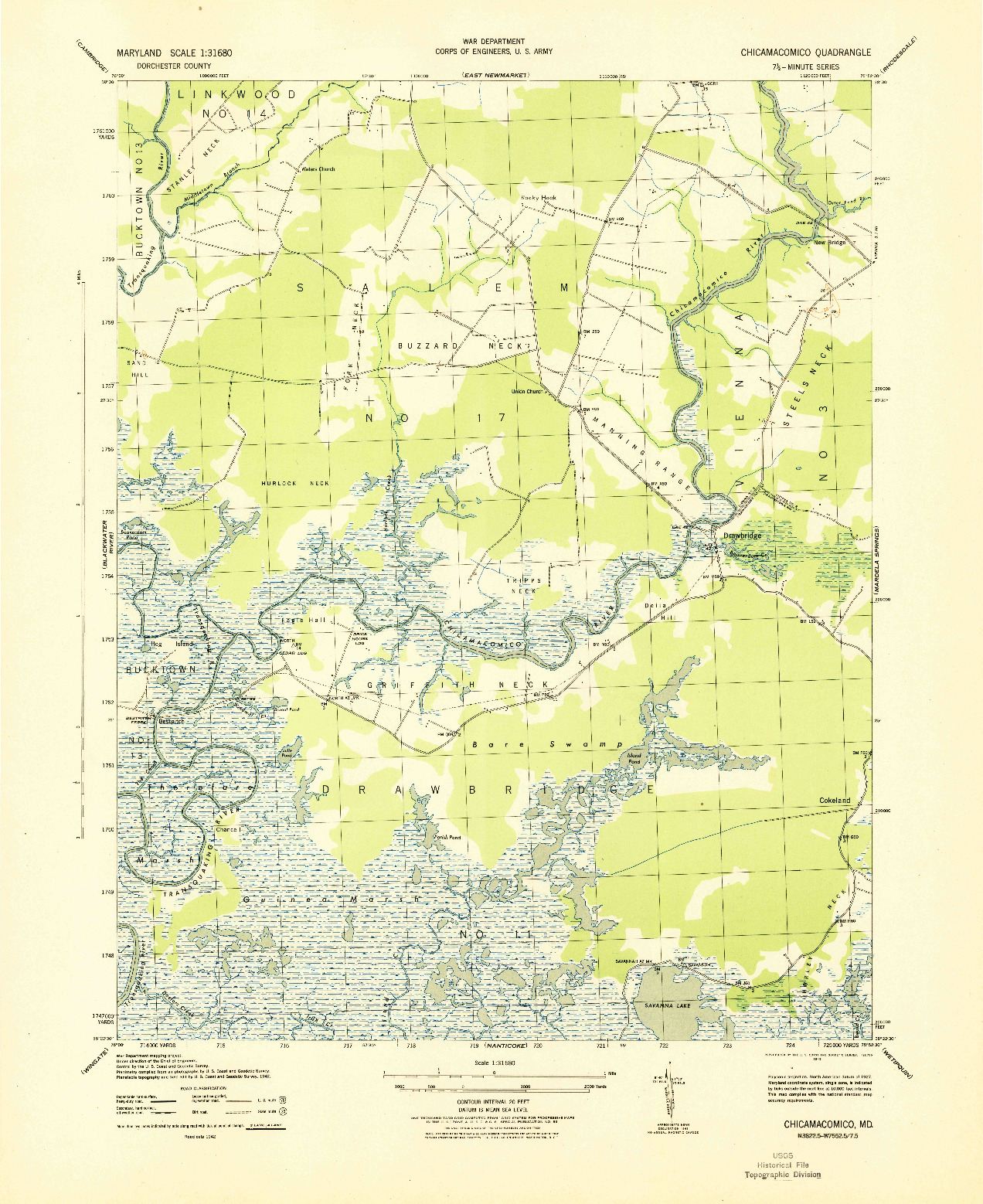 USGS 1:31680-SCALE QUADRANGLE FOR CHICAMACOMICO, MD 1943