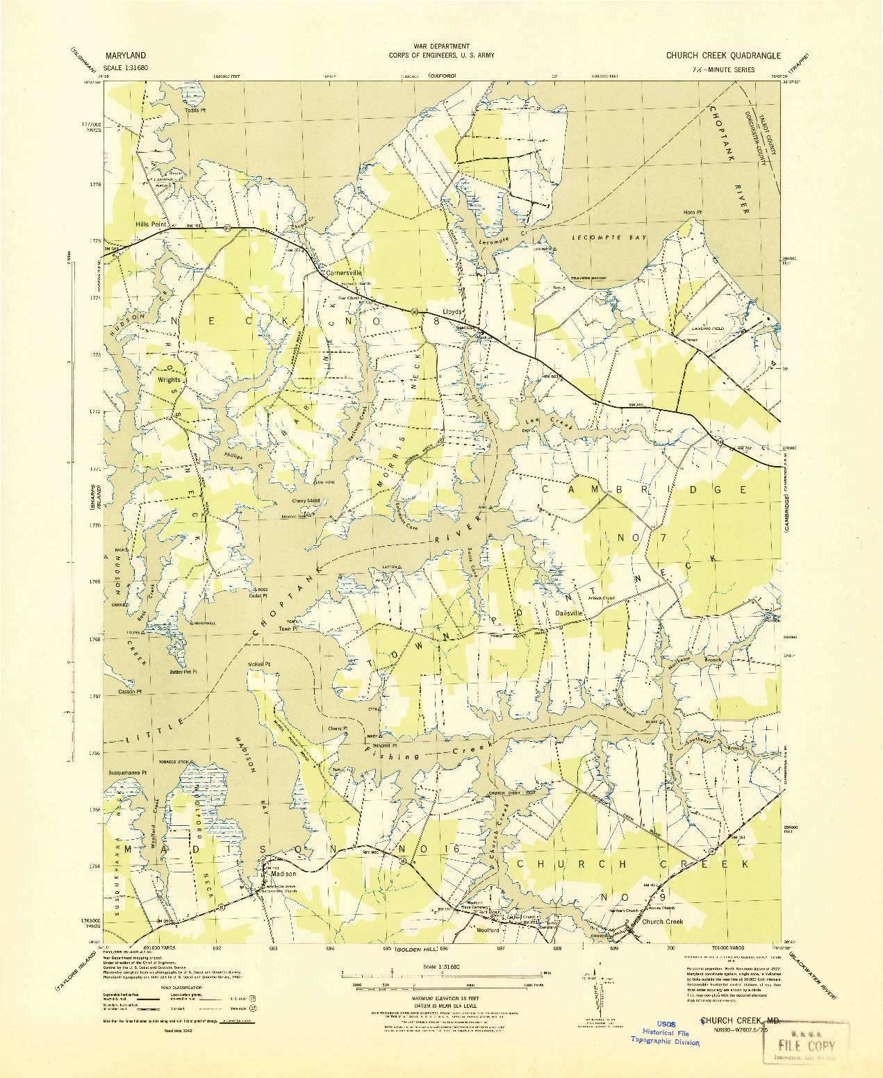 USGS 1:31680-SCALE QUADRANGLE FOR CHURCH CREEK, MD 1943