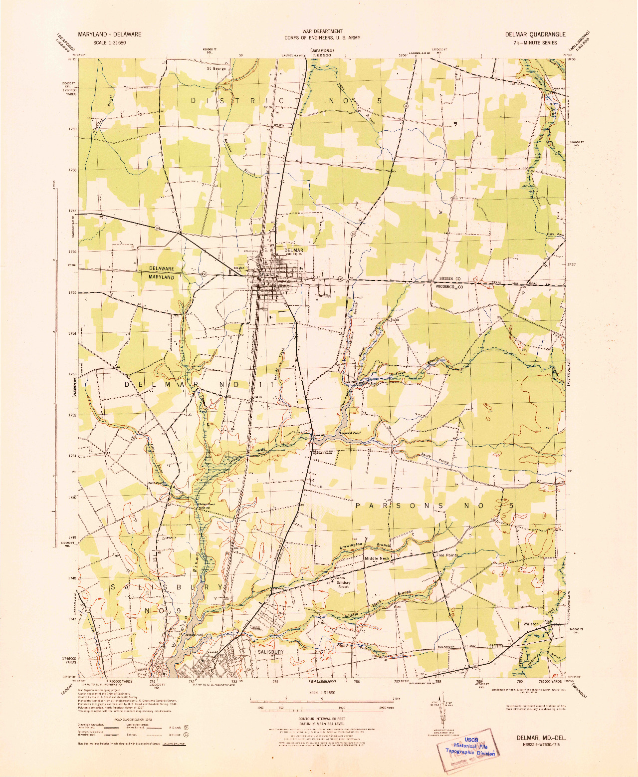 USGS 1:31680-SCALE QUADRANGLE FOR DELMAR, MD 1943