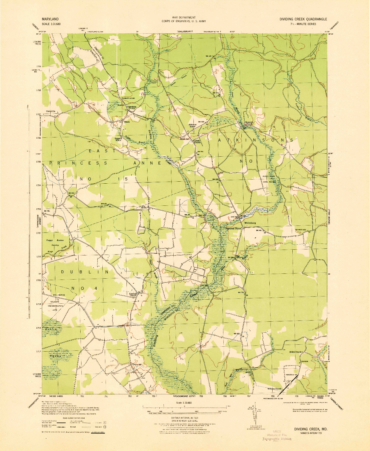 USGS 1:31680-SCALE QUADRANGLE FOR DIVIDING CREEK, MD 1943