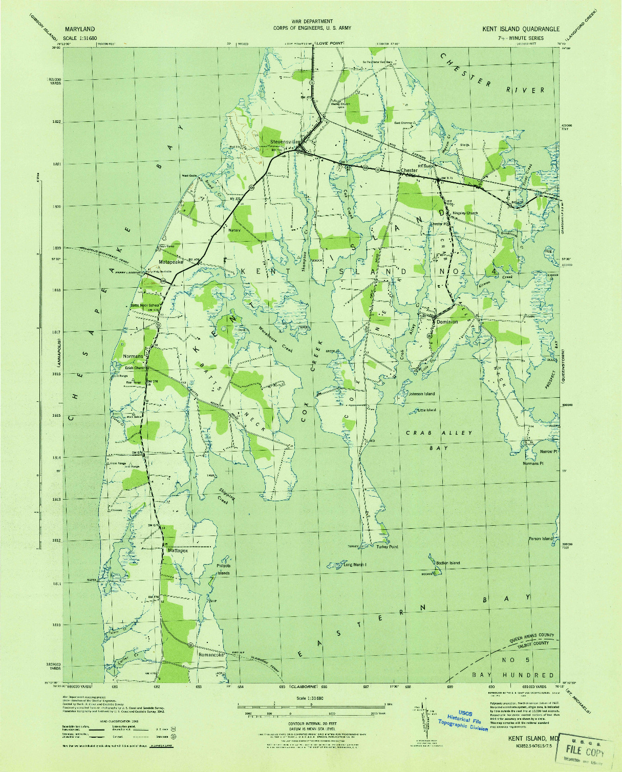 USGS 1:31680-SCALE QUADRANGLE FOR KENT ISLAND, MD 1943