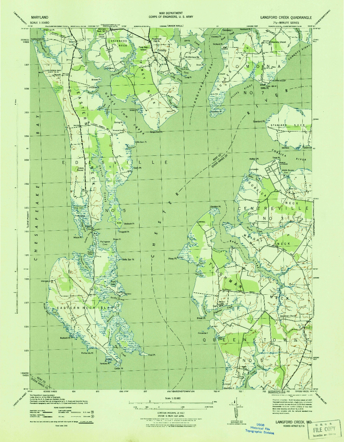 USGS 1:31680-SCALE QUADRANGLE FOR LANGFORD CREEK, MD 1943