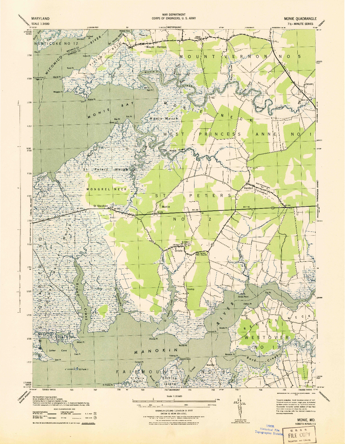 USGS 1:31680-SCALE QUADRANGLE FOR MONIE, MD 1943