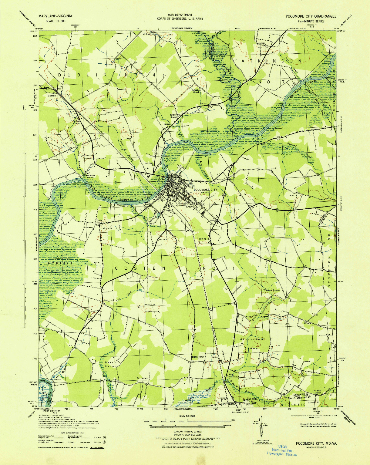 USGS 1:31680-SCALE QUADRANGLE FOR POCOMOKE CITY, MD 1943
